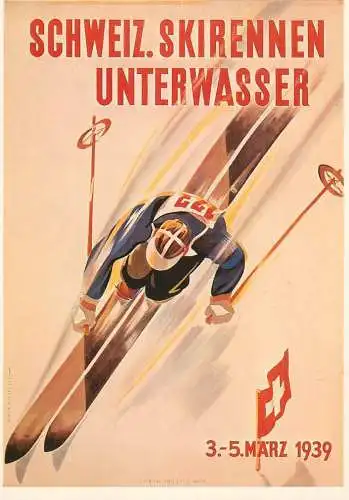 Postcard winter sports ski Schweiz Skirennen Unterwasser 1939