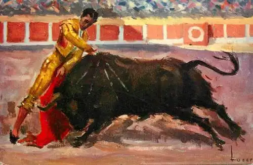 Spain bull fight signed drawing