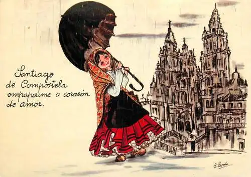 Spain Santiago de Compostela cathedral & ethnic woman typical clothing signed illustration
