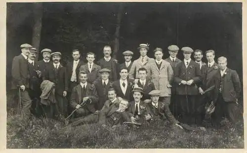 Social history souvenir photo elegant men group photo nature hat moustache