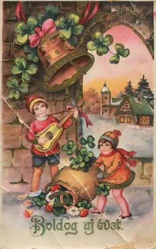 Drawn children greetings new year guitar bells shamrock Hungary card