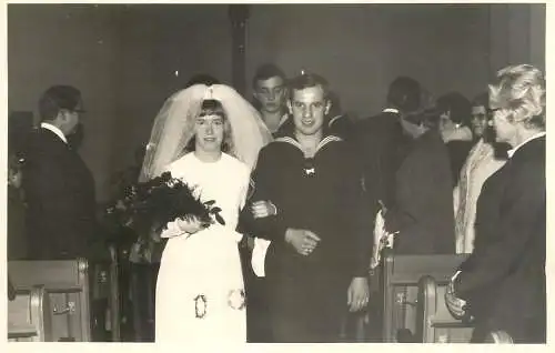Family social history marriage wedding souvenir photo bride groom navy suit uniform