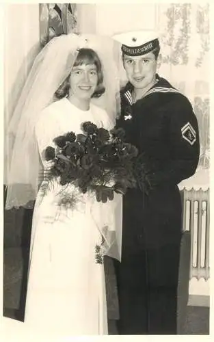 Family social history marriage wedding souvenir photo bride groom navy uniform flower bouquet