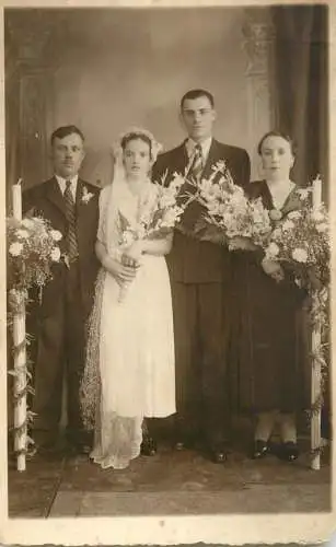 Family social history marriage wedding souvenir photo bride groom flower bouquet