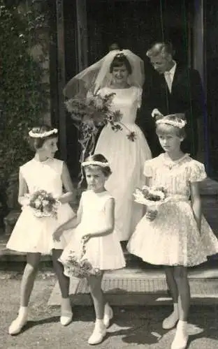 Family social history marriage wedding souvenir photo bride groom joy couple flower girls