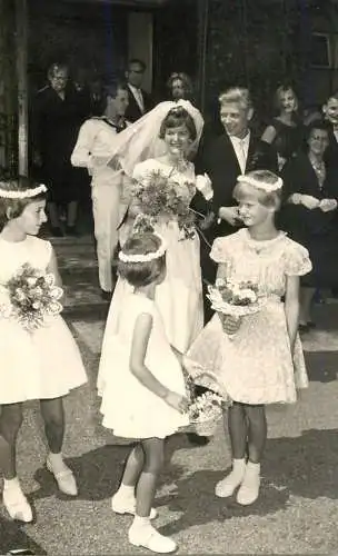 Family social history marriage wedding souvenir photo bride groom joy couple flower girls
