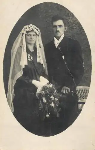 Family social history marriage wedding souvenir photo bride groom bouquet moustache