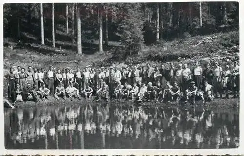 Anonymous persons social history souvenir photo postcard friends expedition nature lake