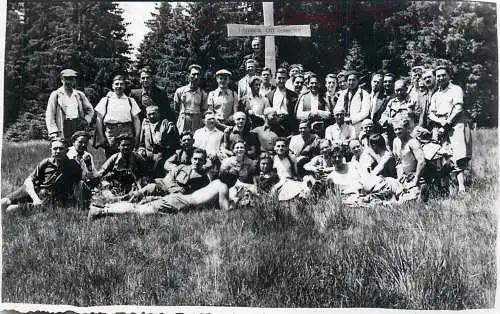 Anonymous persons social history souvenir photo postcard nature group scene cross