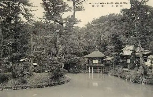 Japan postcard the consecrated place Negoro Tera pagoda temple lake pillars