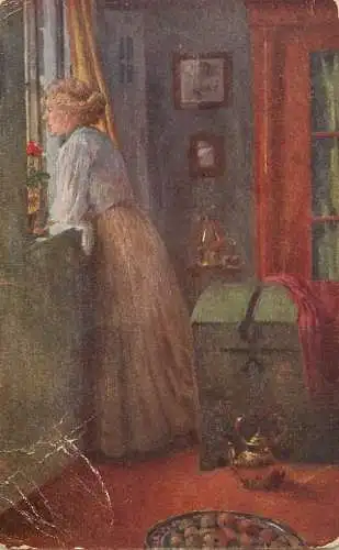 Fine art postcard painting W. Tiemelin in Erwartung