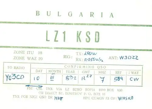 Bulgaria Radio Amateur QSL Post Card Y03CD LZ1KSD 1983