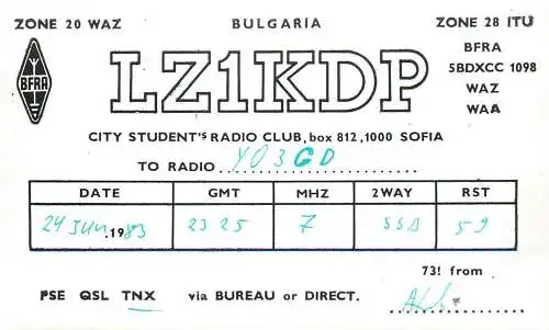 Bulgaria Radio Amateur QSL Post Card Y03CD LZ1KDP 1984