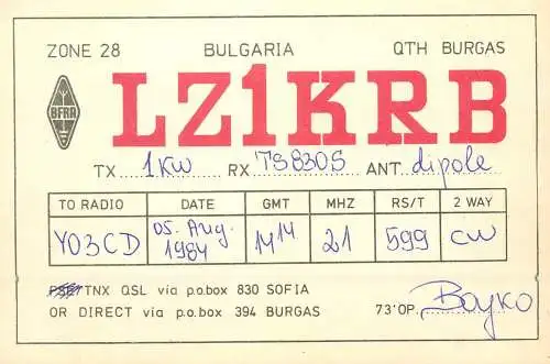 Bulgaria Radio Amateur QSL Post Card Y03CD LZ1KRB 1984