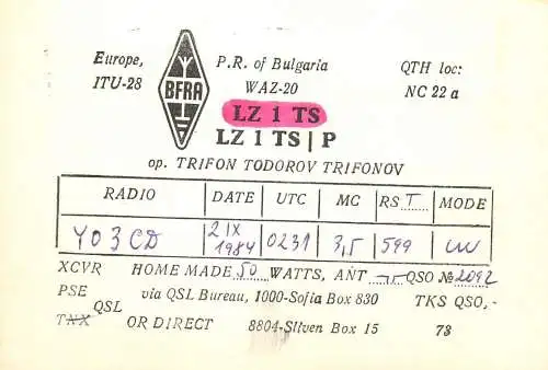 Bulgaria Radio Amateur QSL Post Card Y03CD LZ1TS 1984