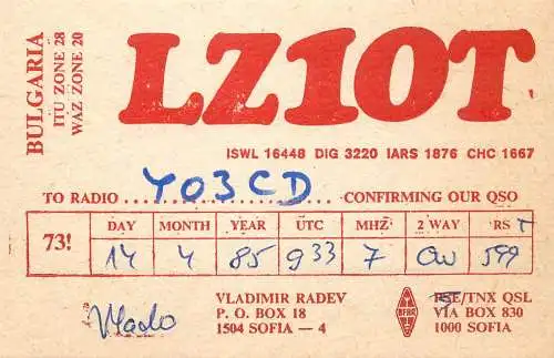 Bulgaria Radio Ameteur QSL Post Card Y03CD LZ1OT