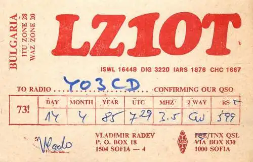 Bulgaria Radio Amateur QSL Post Card Y03CD LZ1OT 1985