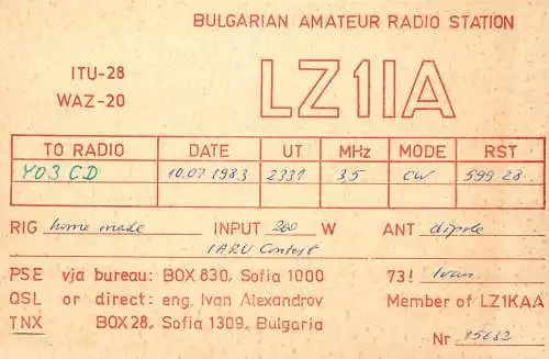 Bulgaria Radio Amateur QSL Post Card Y03CD LZ1IA 1983