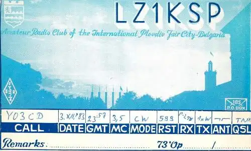 Bulgaria Radio Amateur QSL Post Card Y03CD LZ1KSP 1983