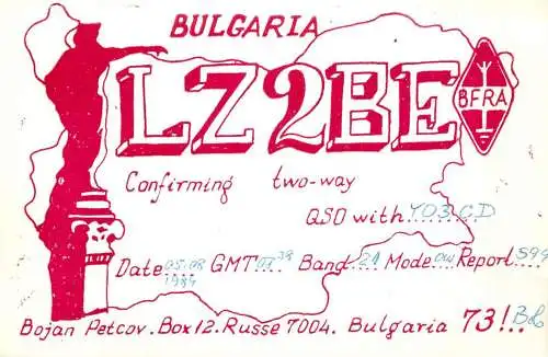 Bulgaria Radio Amateur QSL Post Card Y03CD LZ2BE 1984