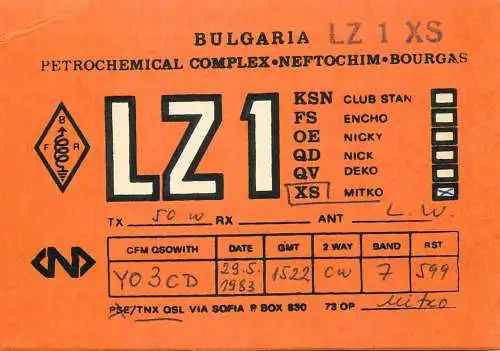 Bulgaria Radio Amateur QSL Post Card Y03CD LZ1XS 1983