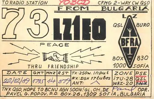 Bulgaria Radio Amateur QSL Post Card Y03CD LZ1EO 1989