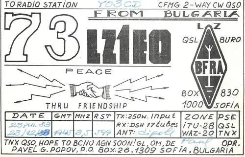 Bulgaria Radio Amateur QSL Post Card Y03CD LZ1EO Paul 1983