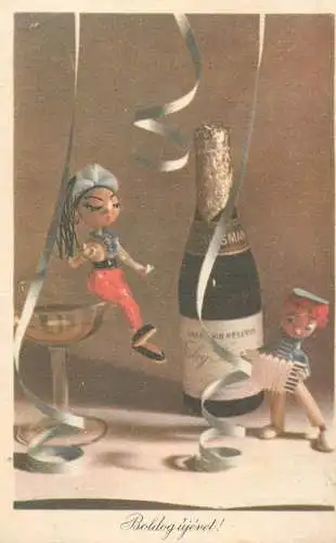 Postcard holiday New year dolls champagne Hungary