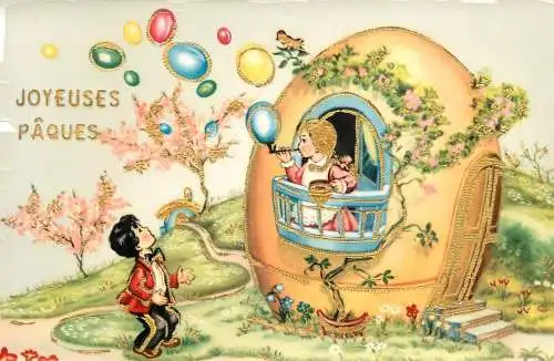 Postcard holiday Easter Joyeuses Paques eggs children bird flowers