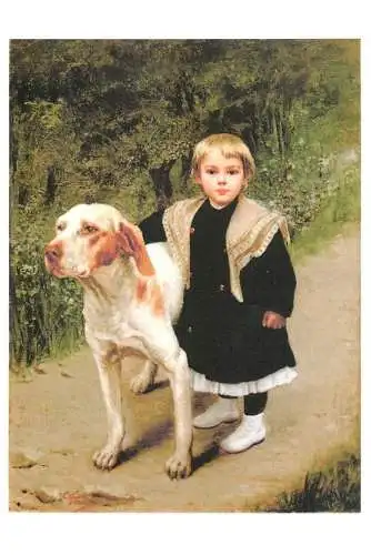 Fine arts postcard painting girl and dog
