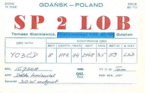 Polish Amateur Radio Station QSL Card Poland Y03CD SP2LOB