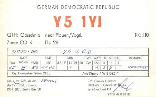 German Democratic Republic Radio Amateur QSL Card Y03CD Y51YJ 1983