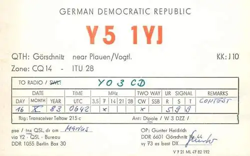 German Democratic Republic Radio Amateur QSL Card Y03CD Y51YJ 1983