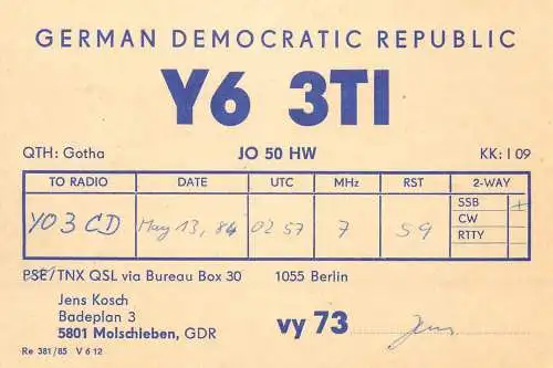 German Democratic Republic Radio Amateur QSL Card Y03CD Y63TI 1984