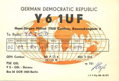 German Democratic Republic Radio Amateur QSL Card Y03CD Y61UF 1984