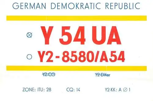 German Democratic Republic Radio Amateur QSL Card Y03CD Y54UA 1984