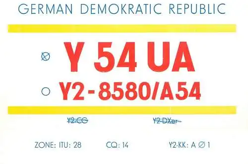 German Democratic Republic Radio Amateur QSL Card Y03CD Y54UA 1983
