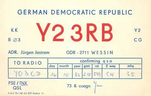 German Democratic Republic Radio Amateur QSL Card Y03CD Y23RB 1983