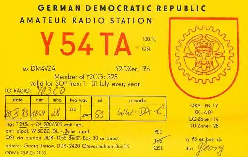 German Democratic Republic Radio Amateur QSL Card Y03CD Y54TA 1983