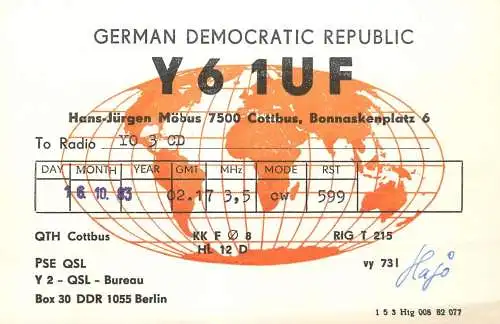 German Democratic Republic Radio Amateur QSL Card Y03CD Y61UF 1983