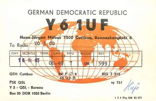 German Democratic Republic Radio Amateur QSL Card Y03CD Y61UF 1983