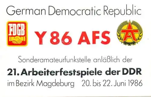 German Democratic Republic Radio Amateur QSL Card Y03CD Y86AFS 1986
