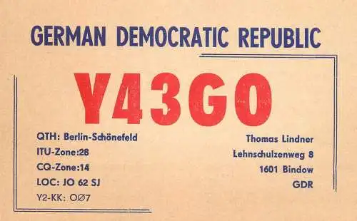 German Democratic Republic Radio Amateur QSL Card Y03CD Y43GO 1987