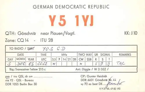 German Democratic Republic Radio Amateur QSL Card Y03CD Y51YJ 1983