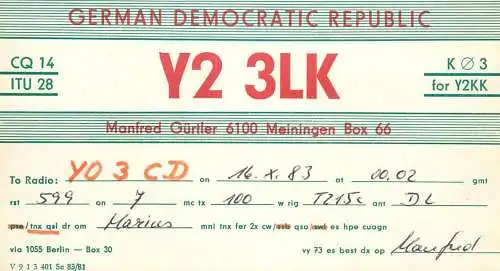 German Democratic Republic Radio Amateur QSL Card Y03CD Y23LK 1983