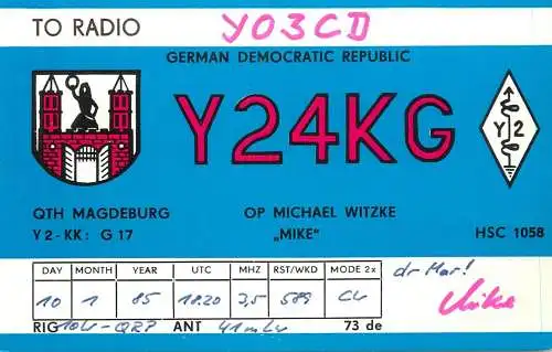 German Democratic Republic Radio Amateur QSL Card Y03CD Y24KG 1984
