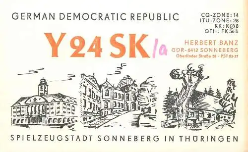 German Democratic Republic Radio Amateur QSL Card Y03CD Y24SK 1984