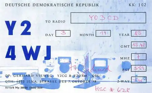 German Democratic Republic Radio Amateur QSL Card Y03CD Y24WJ 1985