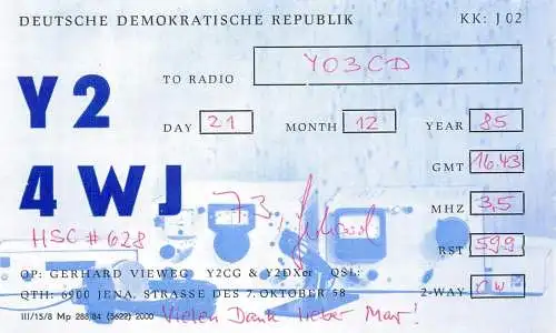 German Democratic Republic Radio Amateur QSL Card Y03CD Y24WJ 1985