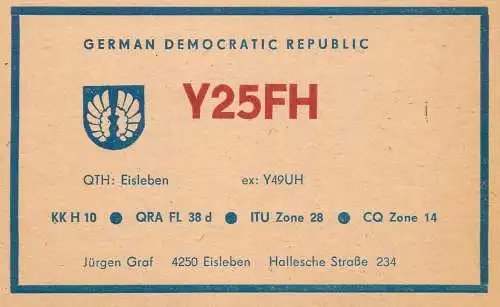 German Democratic Republic Radio Amateur QSL Card Y03CD Y25FH 1983